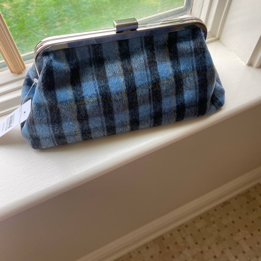Ann Taylor Blue Plaid Clutch Bag. Has chain shoulder strap